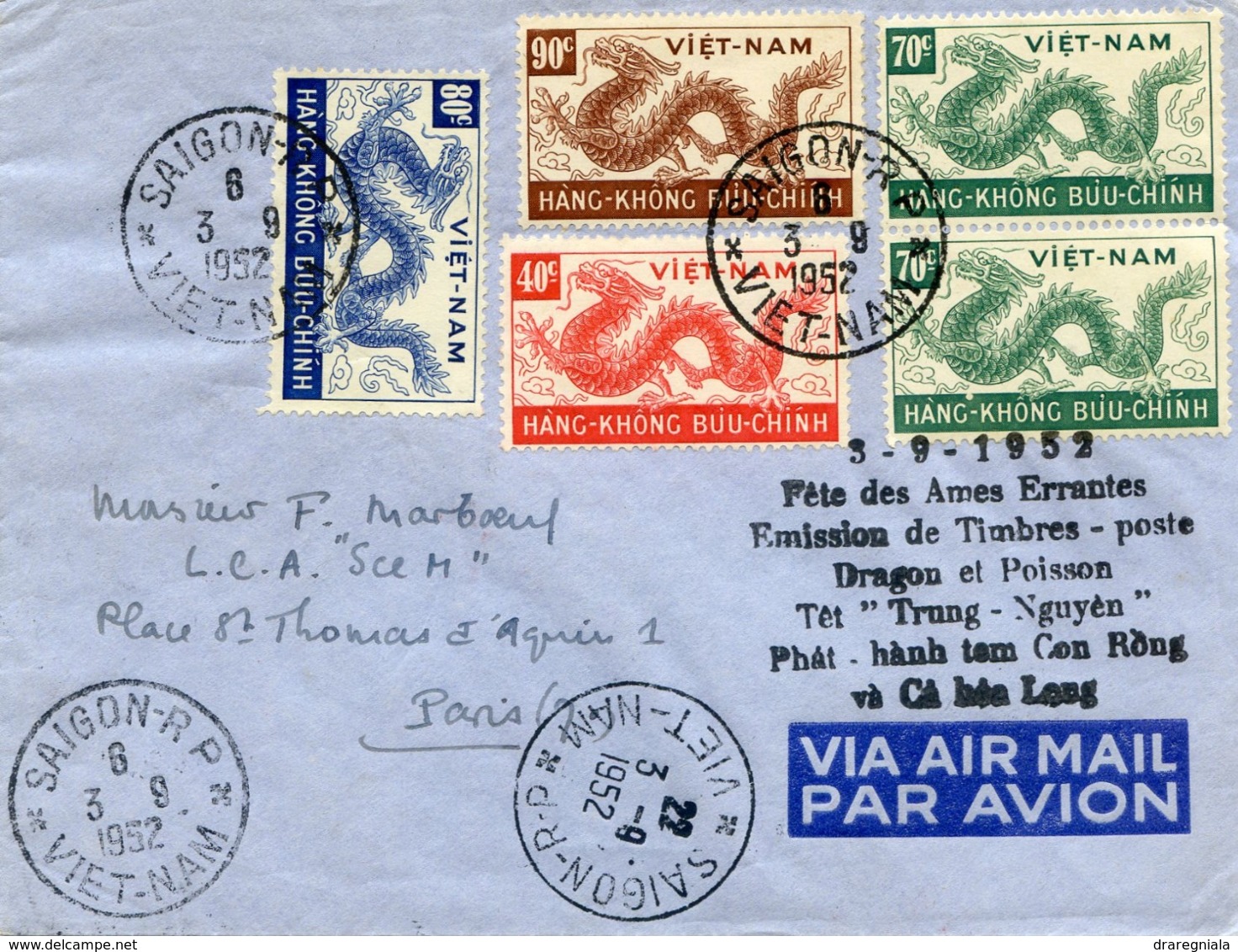 VIETNAM LETTRE AVEC CACHETS BILINGUES ROUGE ET NOIR 3-9-1952 FETE DES AMES ERRANTES EMISSION DE TIMBRES-POSTE DRAGON - Viêt-Nam