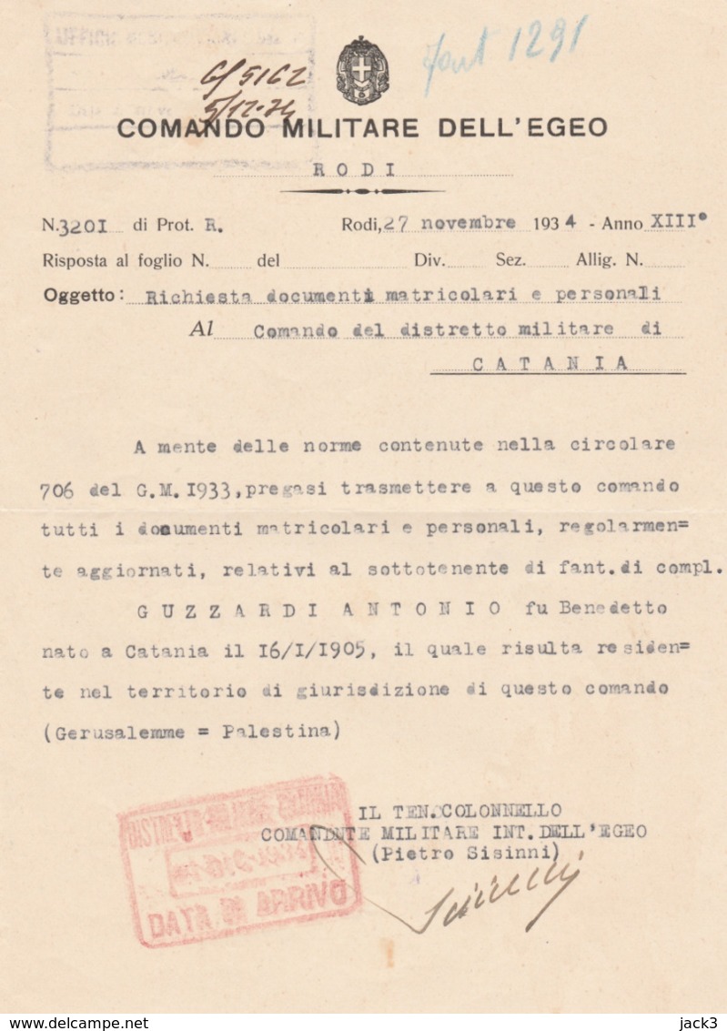 Richiesta Doc. Matricolari - Comando Militare Dell'Egeo - Rodi 1934 - Historical Documents