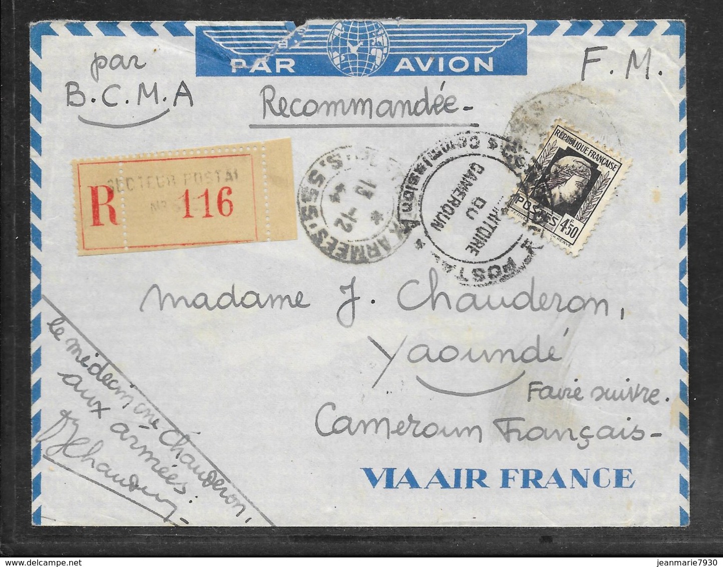 LOT 1910009 - N° 644 SUR LETTRE RECOMMANDEE DE LA POSTE AUX ARMEES DU 13/12/44 POUR YAOUNDE (CAMEROUN ) - 1921-1960: Moderne