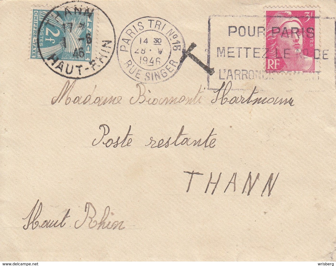 Env Affr Y&T 716 Obl OMEC PARIS TRI N° 15 Du 28.V.1946 Adressée En Poste Restanteà THANN Taxée 2 F Du 1.5.46 - Briefe U. Dokumente