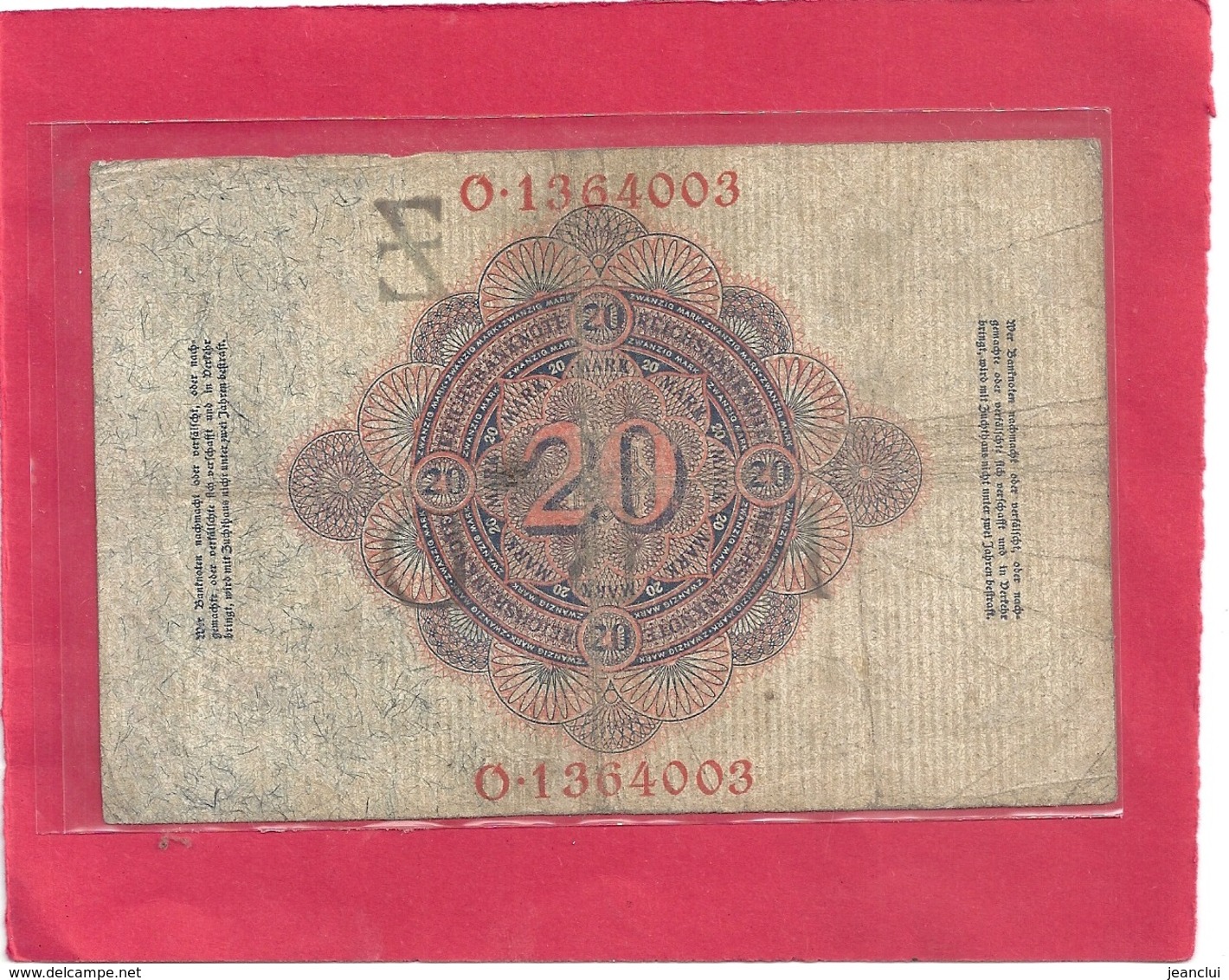 REICHBANKNOTE . 20 MARK . 19-2-1914 . RED N°  Q.1364003 . ZWEI SCANES - 20 Mark