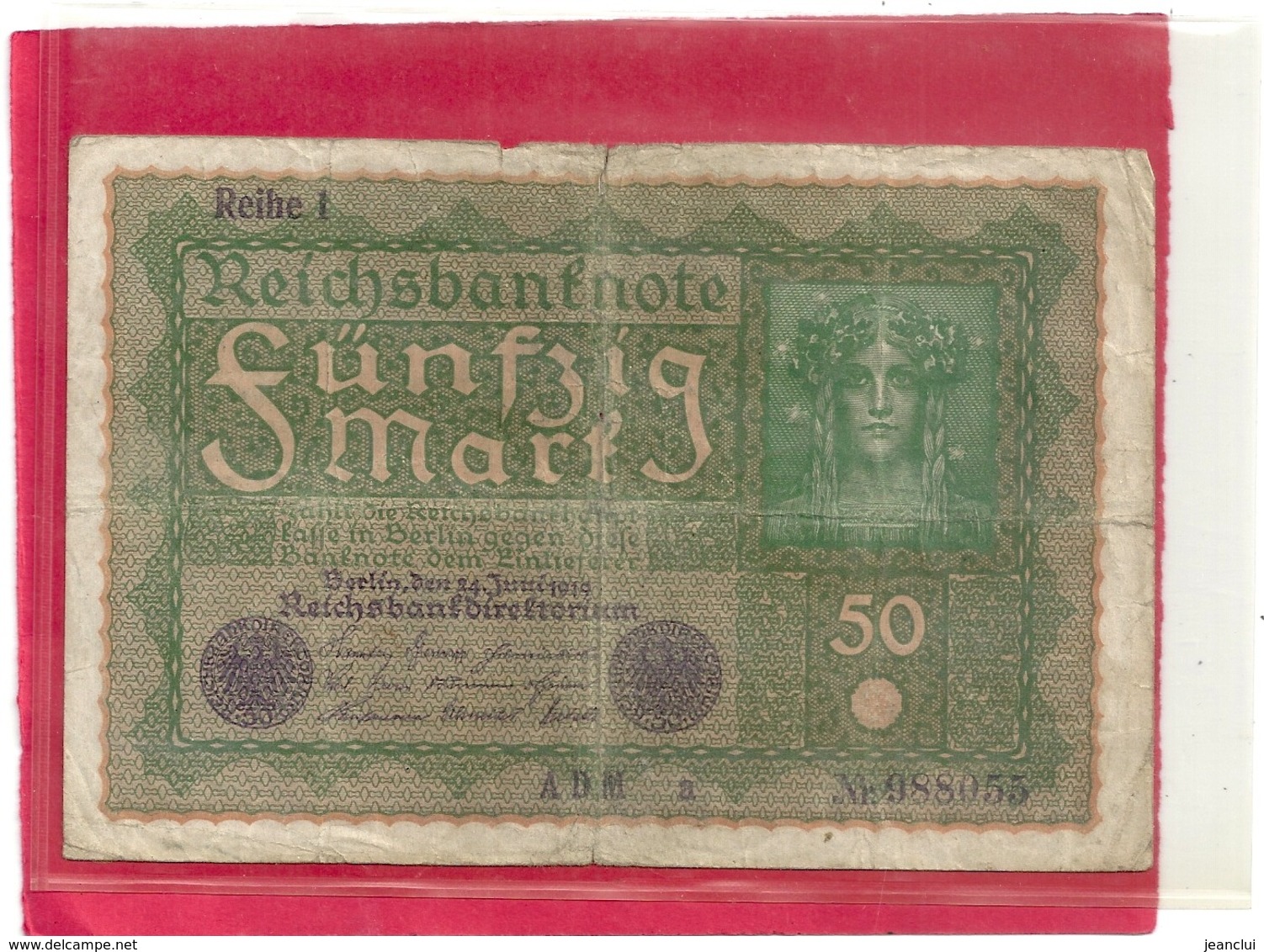 REICHBANKNOTE . 50 MARK . 24-6-1919 . N°  988055 . ZWEI SCANES - 50 Mark