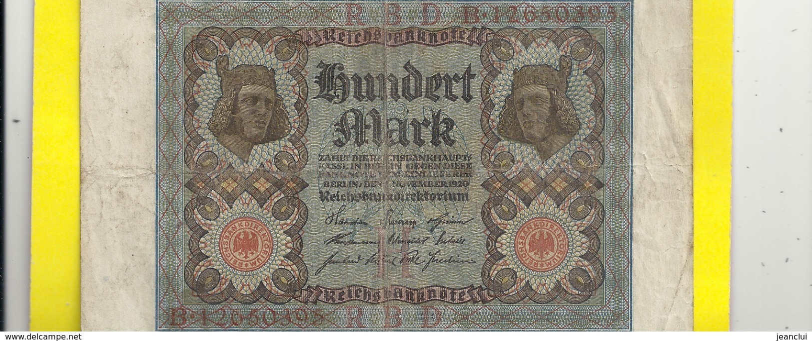 REICHBANKNOTE . 100 MARK . 1-11-1920 . RED N° B.12650395 . ZWEI SCANES - 100 Mark