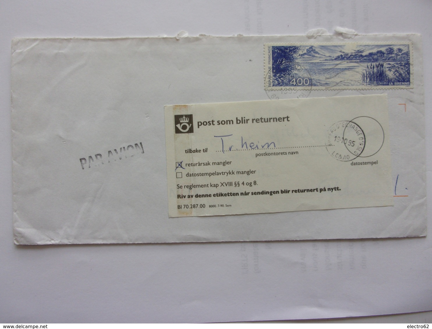 Norvège Lyon Bureau D'échange D'Oslo Returarsak Mangler Retour à L'envoyeur  La Brenne 1995 - Lettres & Documents
