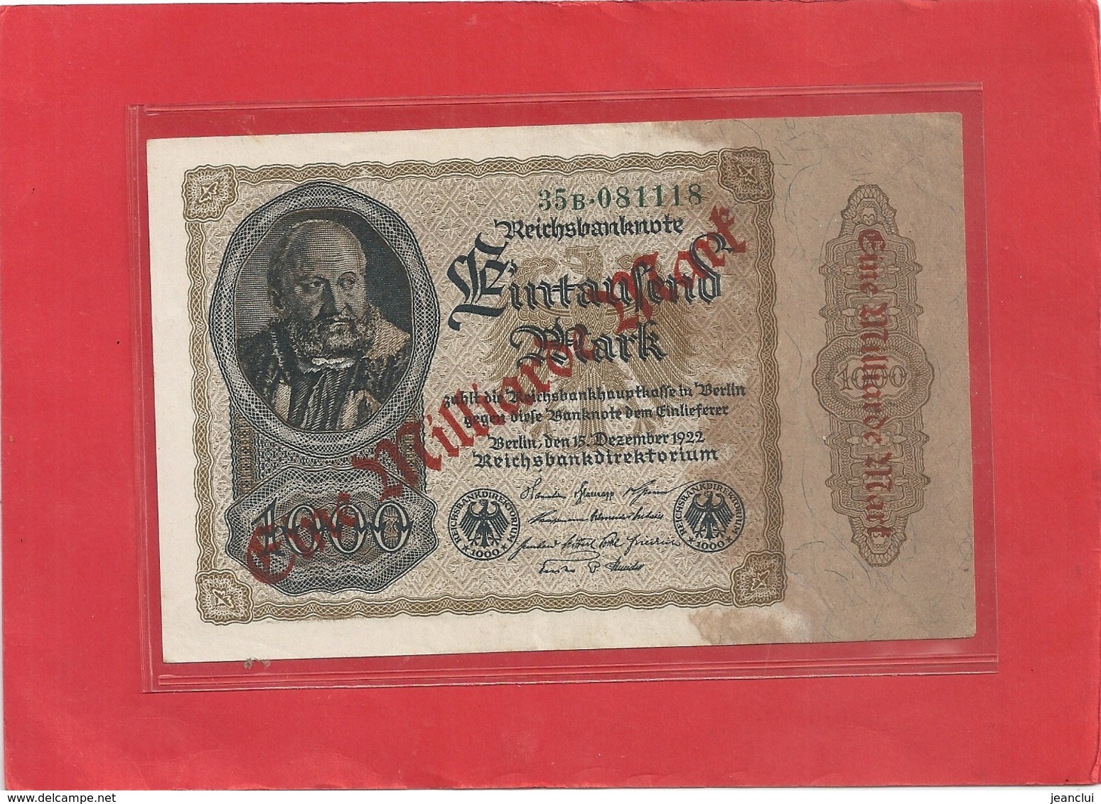 REICHBANKNOTE . 1.000.000 MARK ON 1.000 MARK . SEPT 1923 . OLD DATE 15-12-1922  .  35b-081118 . ETAT LUXE  . ZWEI SCANES - 1 Milliarde Mark