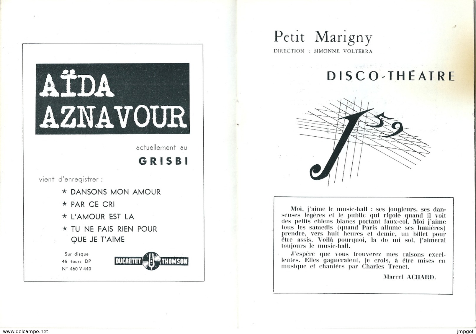 Programme Petit Marigny Disco Théâtre 1958 Music Hall Los Machucambos Henri Garcin Francis Claude Danièle Rouillé - Programs