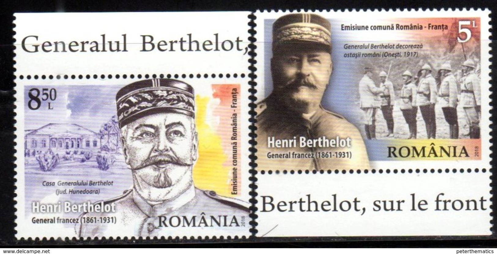 ROMANIA, 2018, MNH, WWI, JOINT ISSUE WITH FRANCE, GENERAL BERTHELOT, SOLDIERS, MILITARY, 2v - WW1