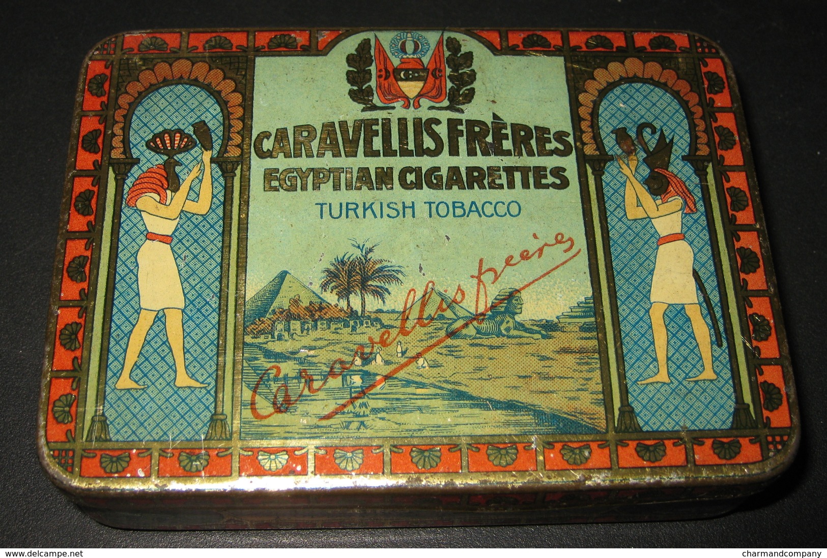 Antique Empty Cigarette Tin Caravellis Frères Boîte 25 Cigarettes ROYAL - Turkish Tobacco Egyptian Cigarettes - 5 Scans - Empty Tobacco Boxes