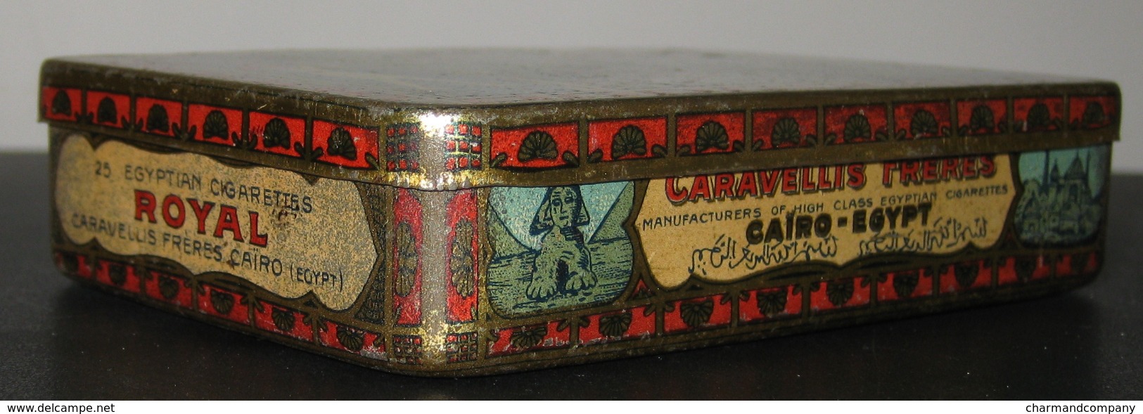 Antique Empty Cigarette Tin Caravellis Frères Boîte 25 Cigarettes ROYAL - Turkish Tobacco Egyptian Cigarettes - 5 Scans - Empty Tobacco Boxes