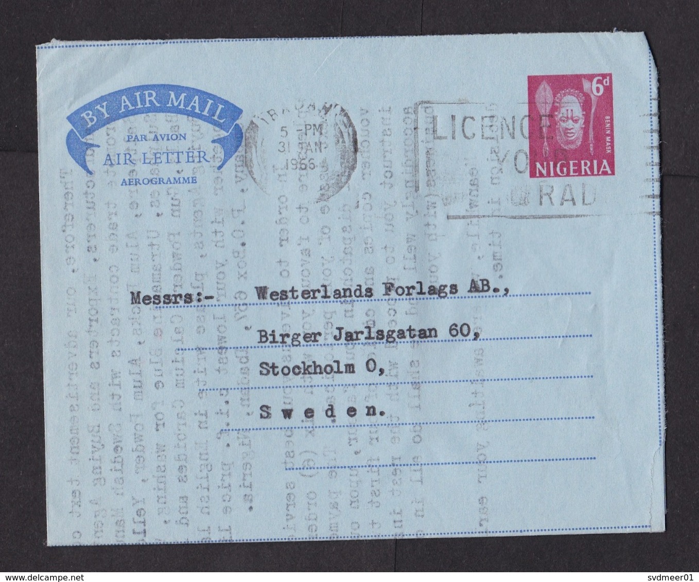 Nigeria: Stationery Aerogramme To Sweden, 1966, Tradition, Heritage, Air Letter (traces Of Use) - Nigeria (1961-...)