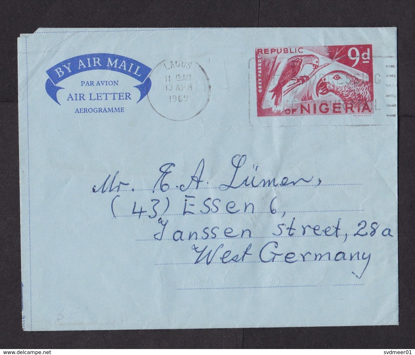 Nigeria: Stationery Aerogramme To Sweden, 1969, Parrot, Bird, Air Letter (minor Creases) - Nigeria (1961-...)