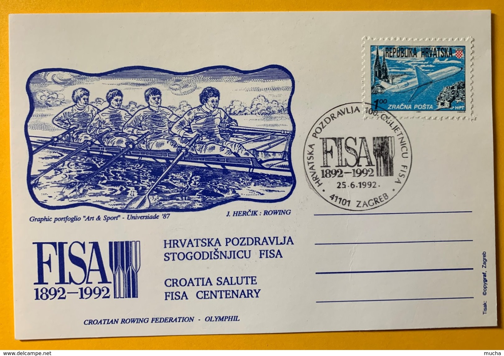 8986 - Carte Centenary FISA 1892-1992 Croatia Salute FISA Centenary Zagreb 25.06.1992 - Rudersport