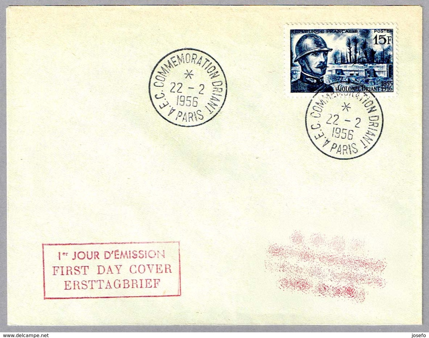 CORONEL DRIANT - Muerto En Verdun 1916. SPE/FDC Paris 1956 - WW1 (I Guerra Mundial)