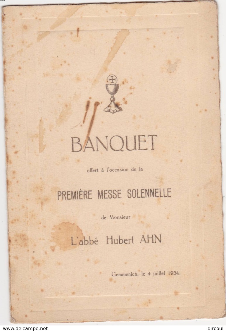 41724 -  Menu Gemmenich  1934 - à L'occasion  De  Première Messe De L' Abbé Hubert Ahn - Menus