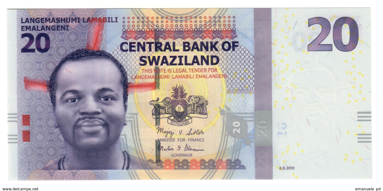 Swaziland 20 Emalangeni 06/09/2010 LOW S/N A0000147 UNC .PL. - Swaziland