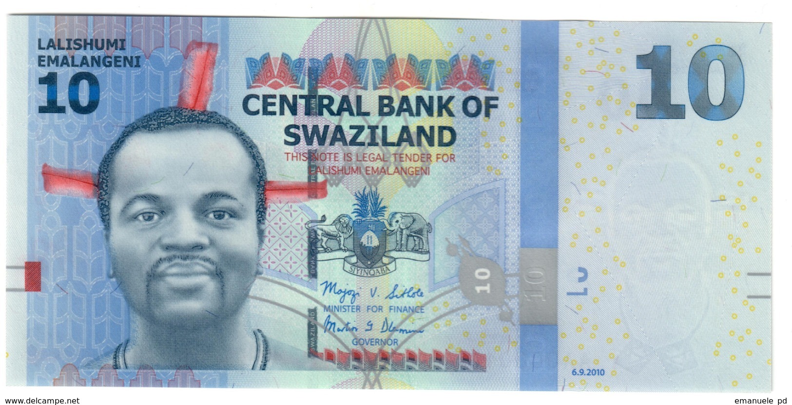 Swaziland 10 Emalangeni 06/09/2010 LOW S/N A0000107 UNC .PL. - Swaziland