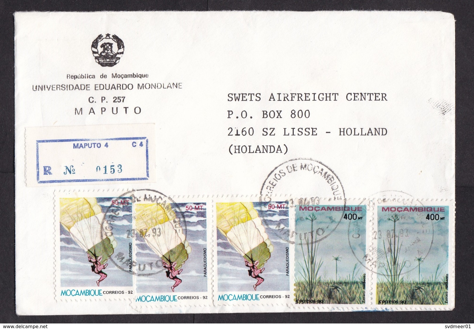 Mozambique: Registered Cover To Netherlands, 1993, 11 Stamps, Parasailing, Tool, R-label, Rare Real Use (traces Of Use) - Mozambique