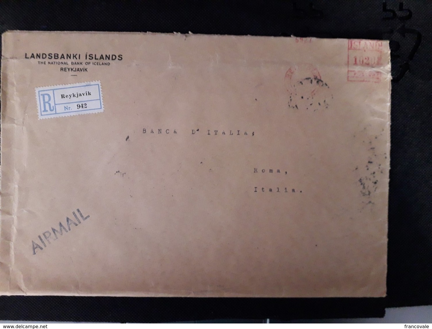 Island 1952 Mechanical Red Print 1020 Registered Mail From Reykjavik To Rome National Bank - Brieven En Documenten