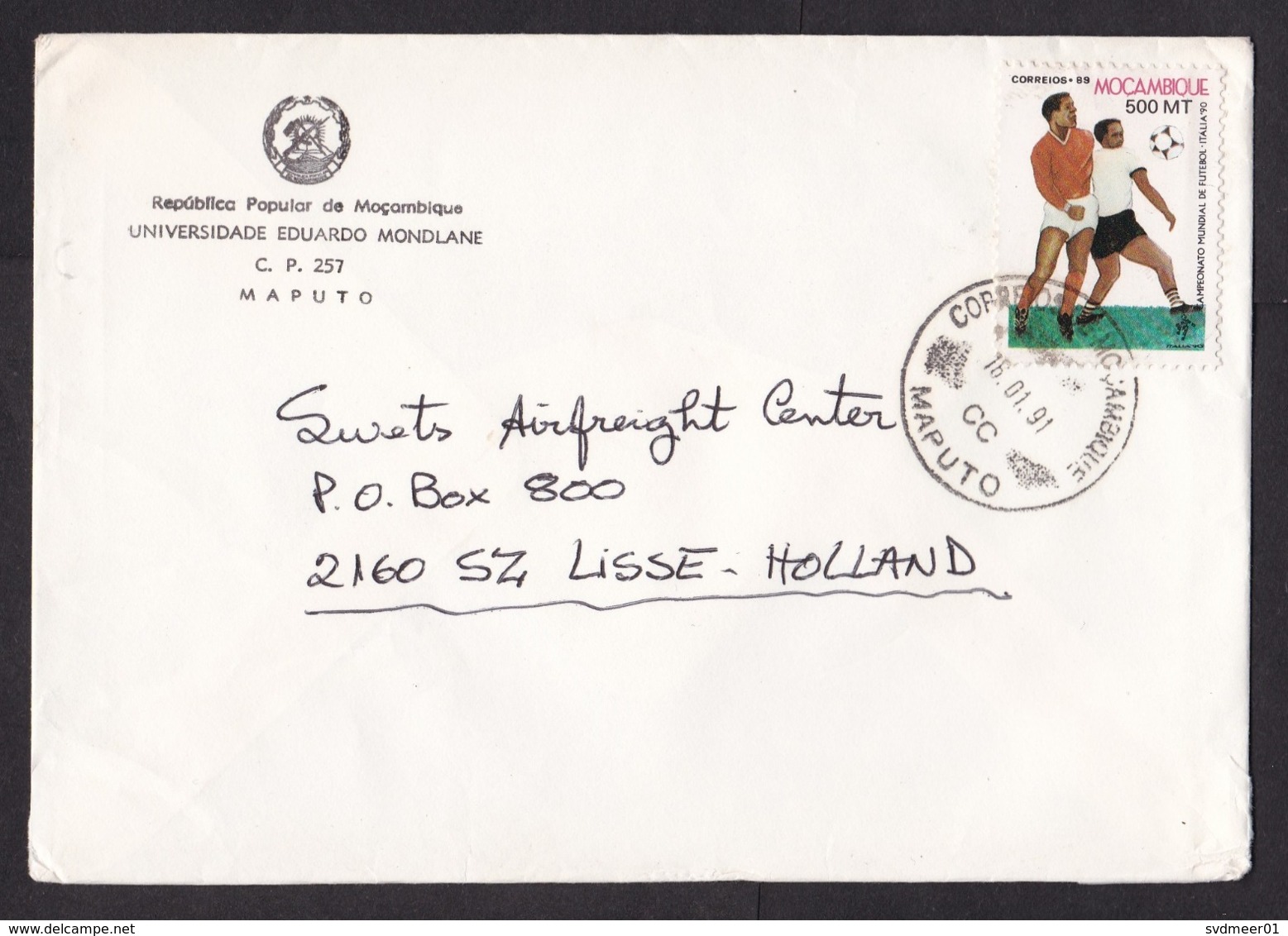 Mozambique: Cover To Netherlands, 1991, 1 Stamp, World Cup Soccer, Football, Sports, Rare Real Use (traces Of Use) - Mozambique