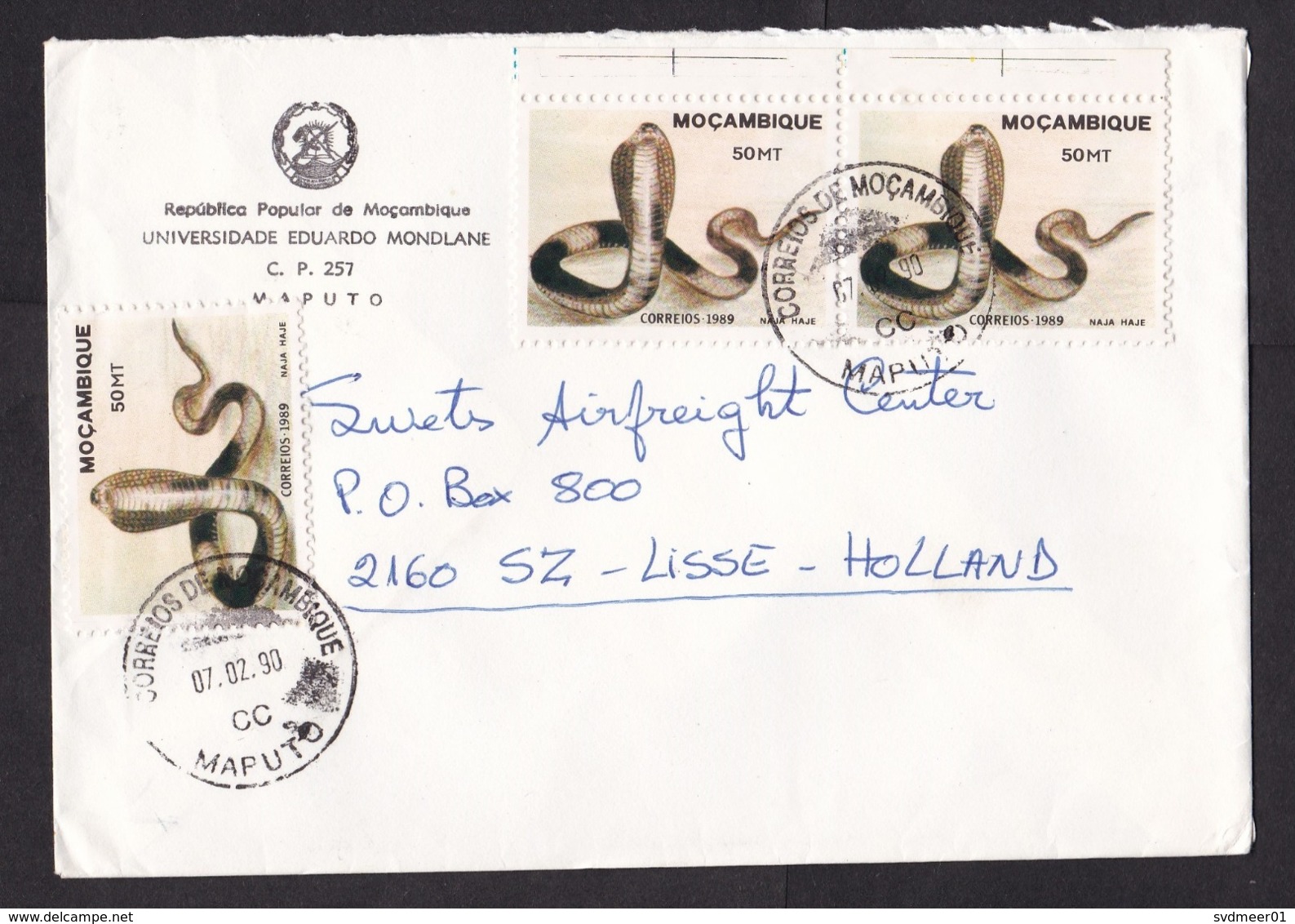 Mozambique: Cover To Netherlands, 1990, 3 Stamps, Snake, Reptile, Printing Mark Tab, Rare Real Use (traces Of Use) - Mosambik