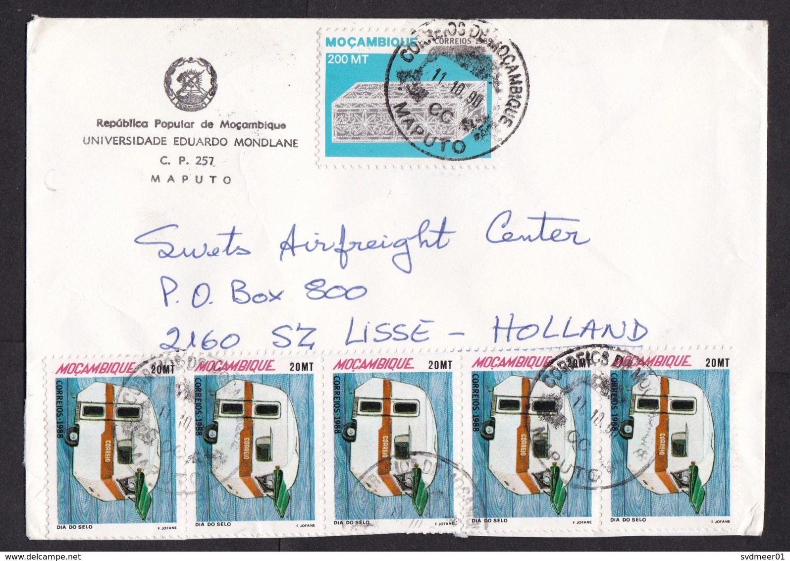 Mozambique: Cover To Netherlands, 1990, 6 Stamps, Mobile Post Office In Caravan, Rare Real Use (minor Damage) - Mozambique