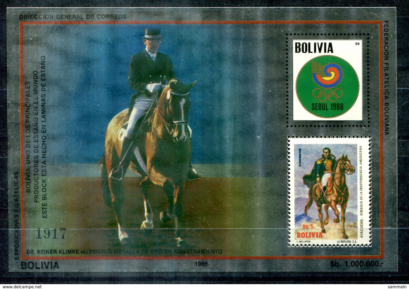 5077 - BOLIVIEN - Metall-Block 160 ** - OLYMPIA / PFERD / DR. REINER KLIMKE / HORSE / OLYMPICS - Bolivia