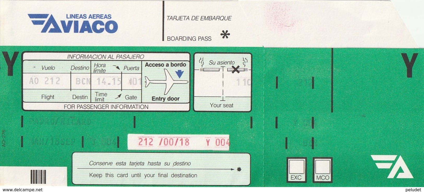 BOARDING PASS - AVIACO LINEAS AREAS - 1990 - MHON BARCELONA - Europa