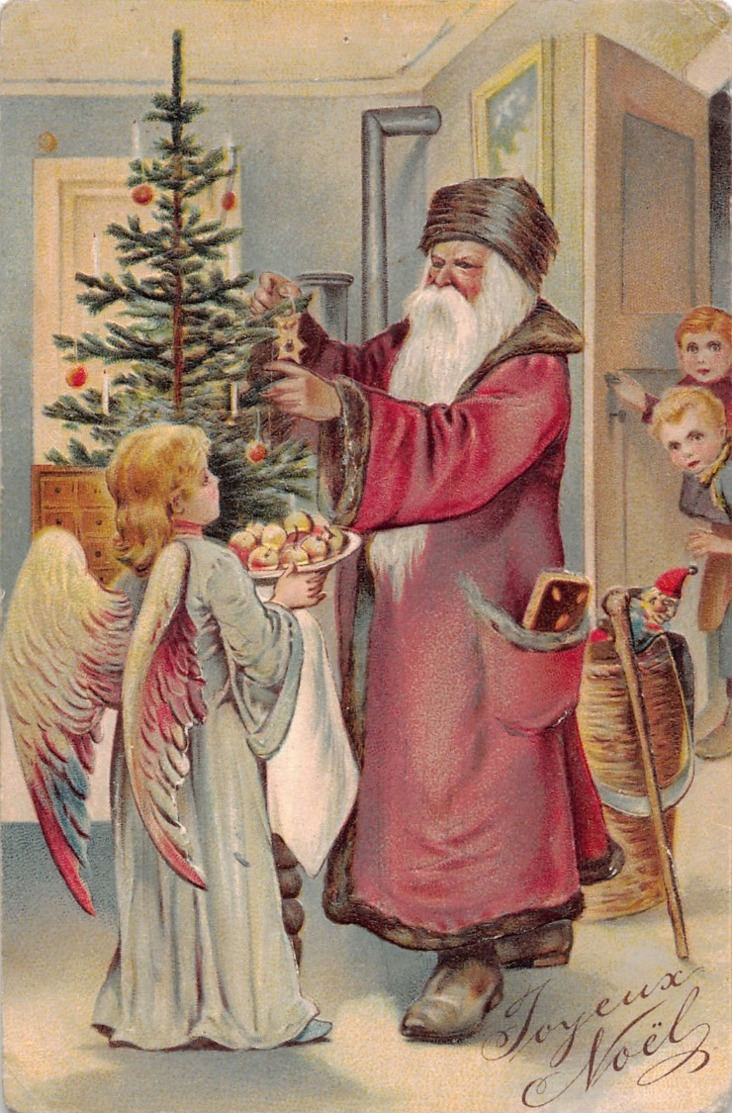 NOEL  - Joyeux Noel  - Pere Noel Offrant Cadeau A Jeune Fille Aux Ailes D'anges( Gauffrée ) état - Other & Unclassified