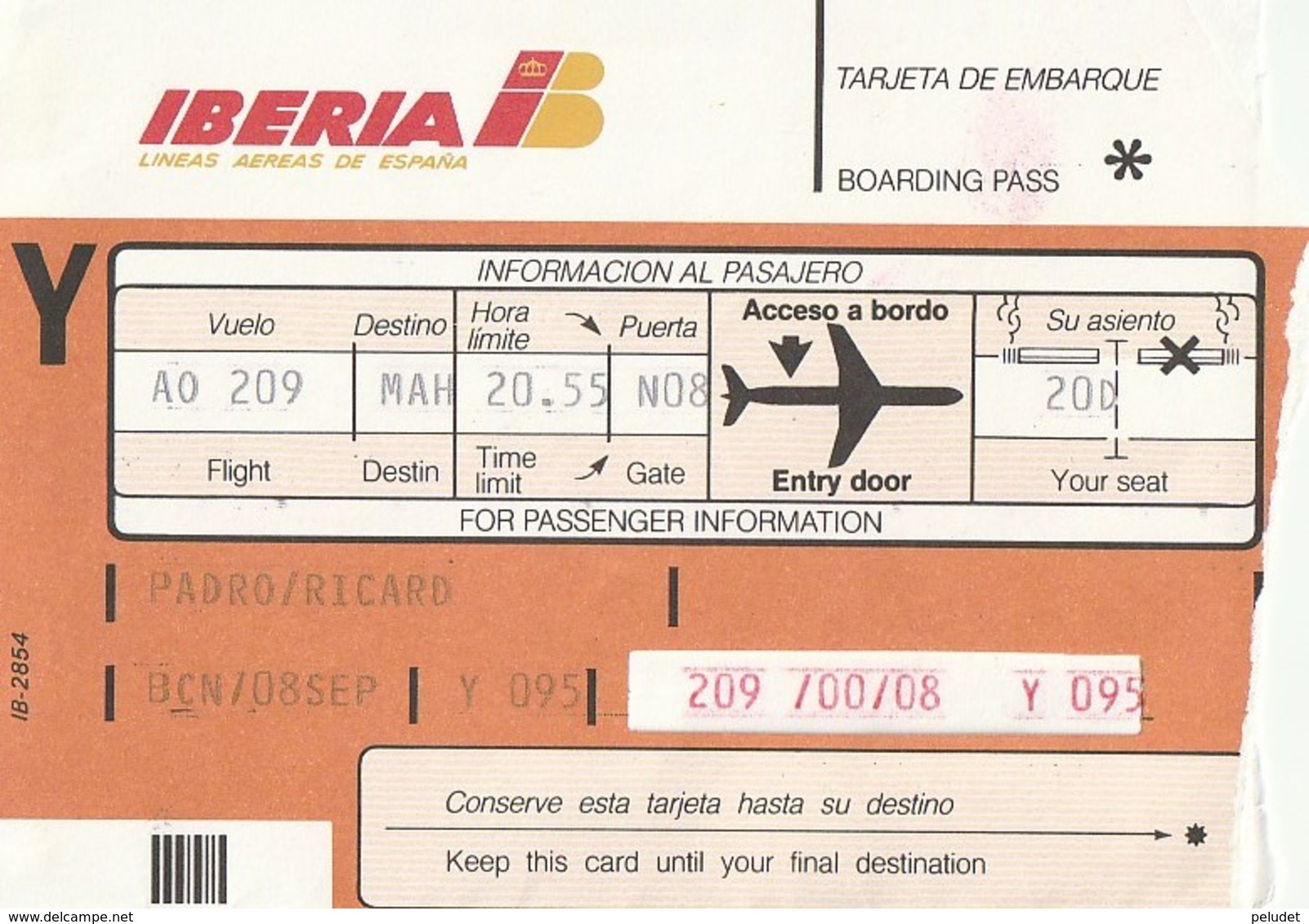 BOARDING PASS - IBERIA LINEAS AREAS DE ESPAÑA - 1990 -  BARCELONA MAHON - Europe