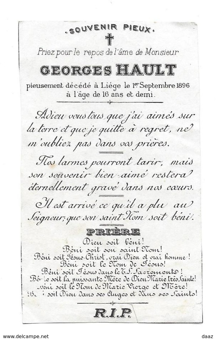 Souvenir G. Hault Liège Dcd 1896   ( étudiant? Université?) - Obituary Notices