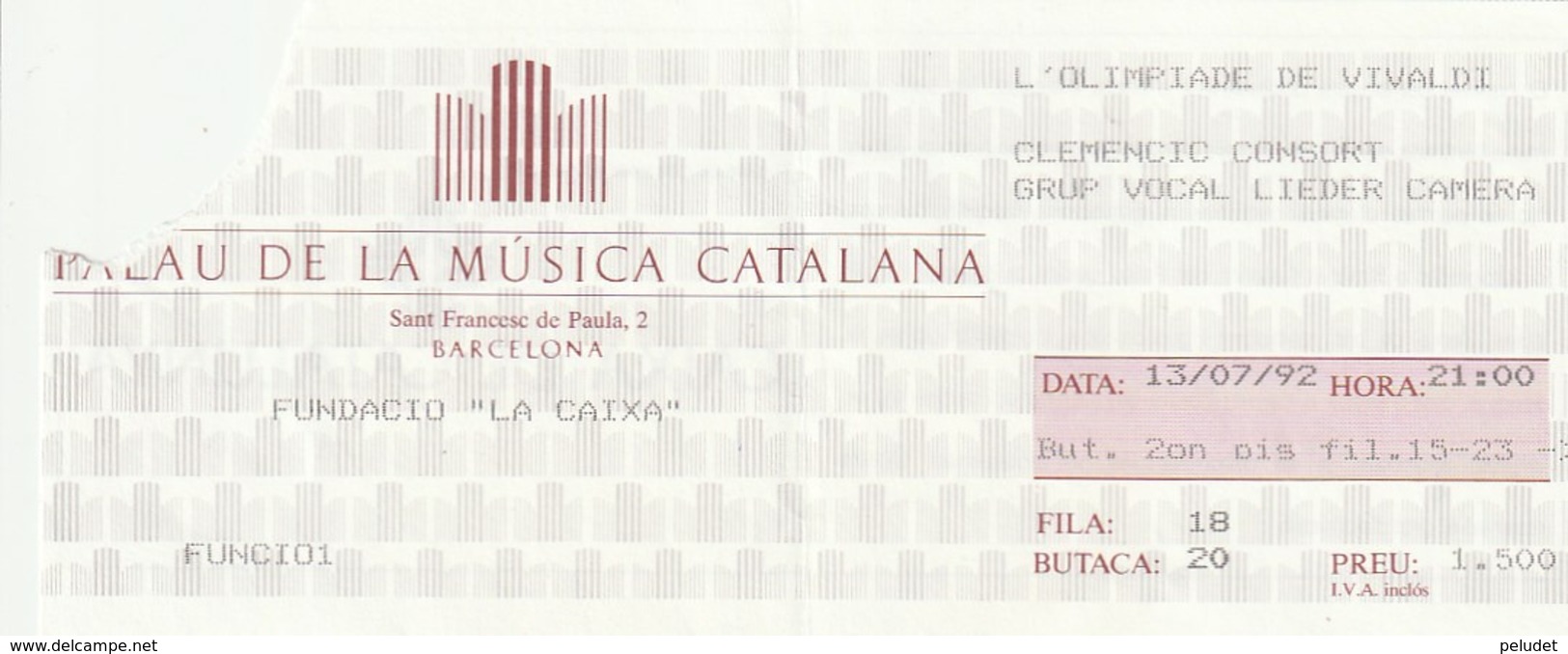 TICKET - ENTRADA / PALAU MUSICA CATALANA 1992 - FUNDACIO "LA CAIXA" - Tickets - Entradas