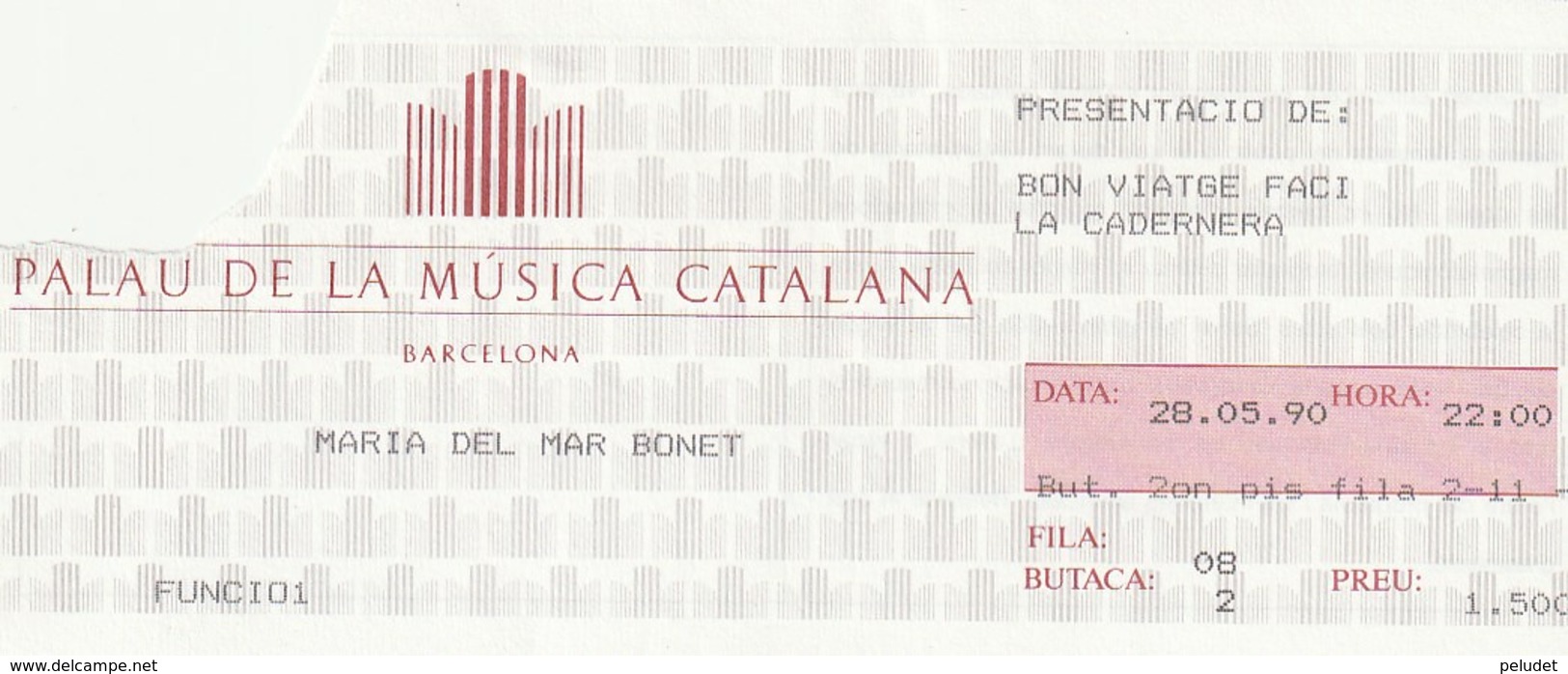 TICKET - ENTRADA / PALAU MUSICA CATALANA 1990 - MARIA DEL MAR BONET - Tickets - Entradas