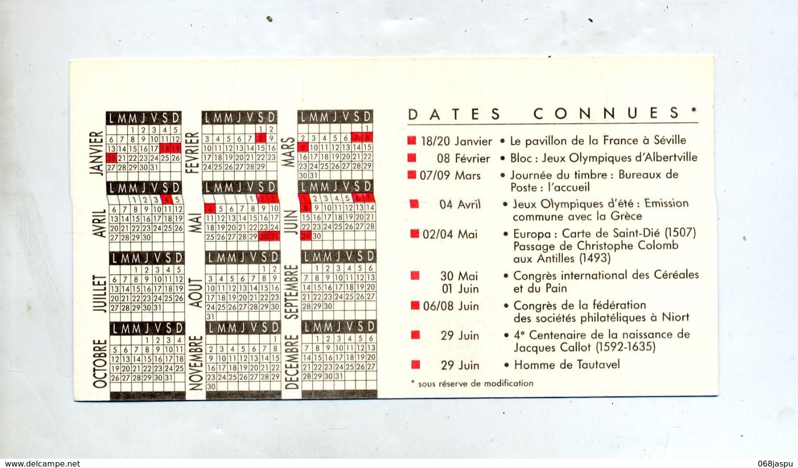 Calendrier 1992 - Postdokumente