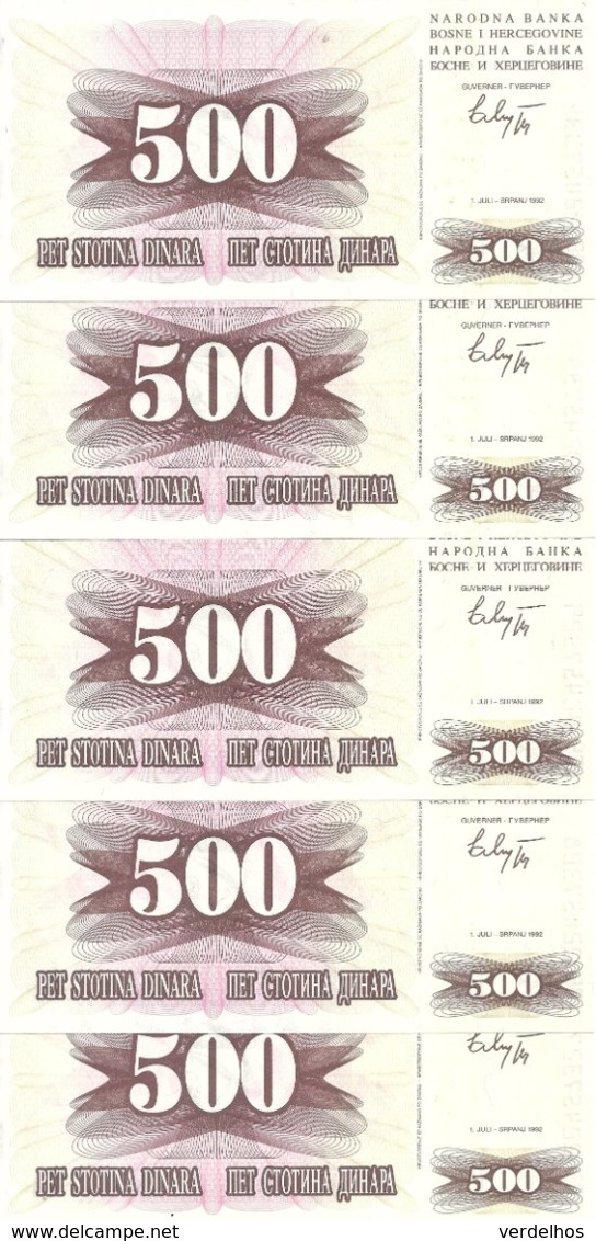 BOSNIE-HERZEGOVINE 500 DINARA 1992 UNC P 14 ( 5 Billets ) - Bosnië En Herzegovina