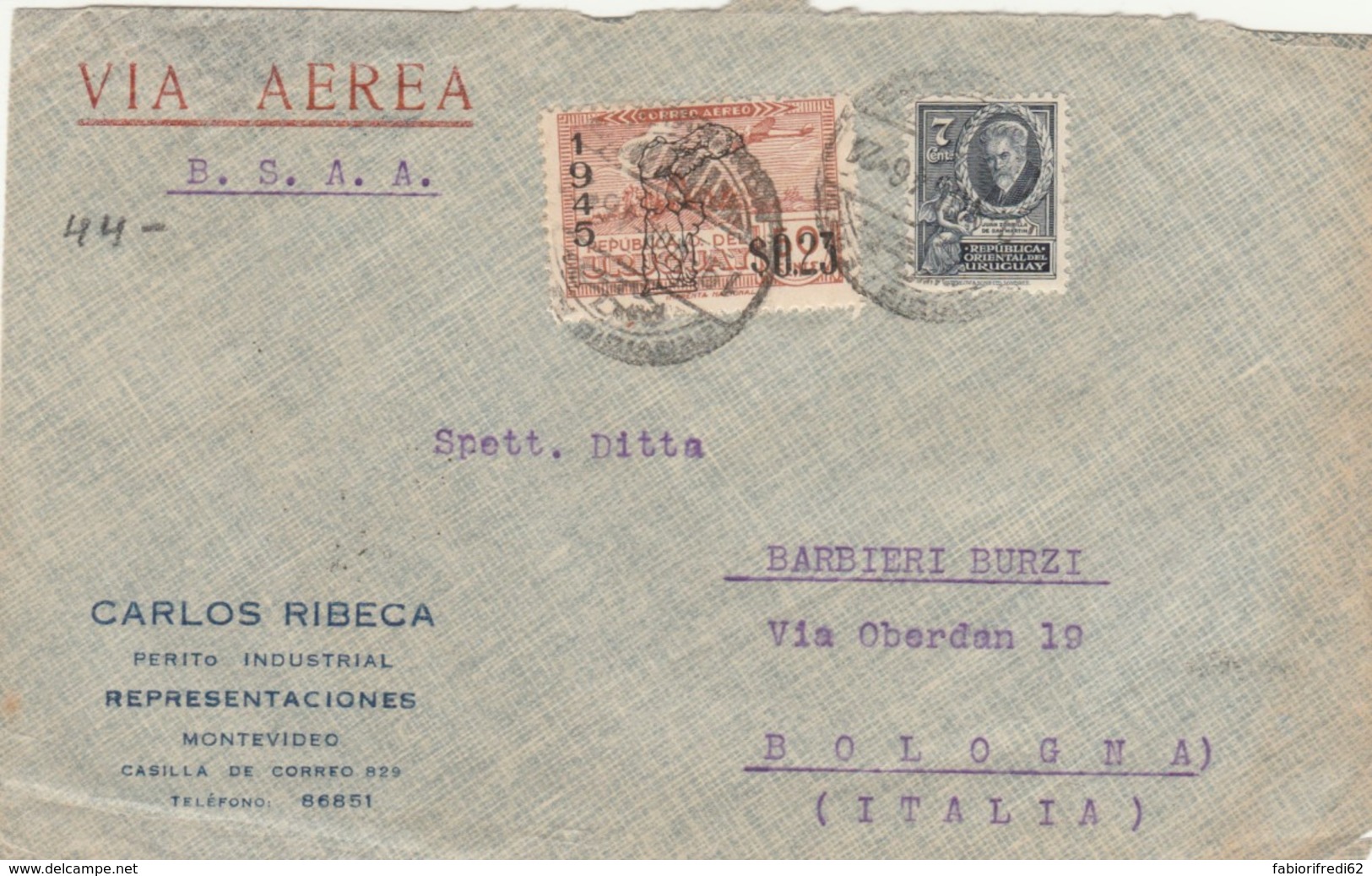 FRONTESPIZIO 1945 URUGUAY DIRETTO ITALIA (VX54 - Uruguay