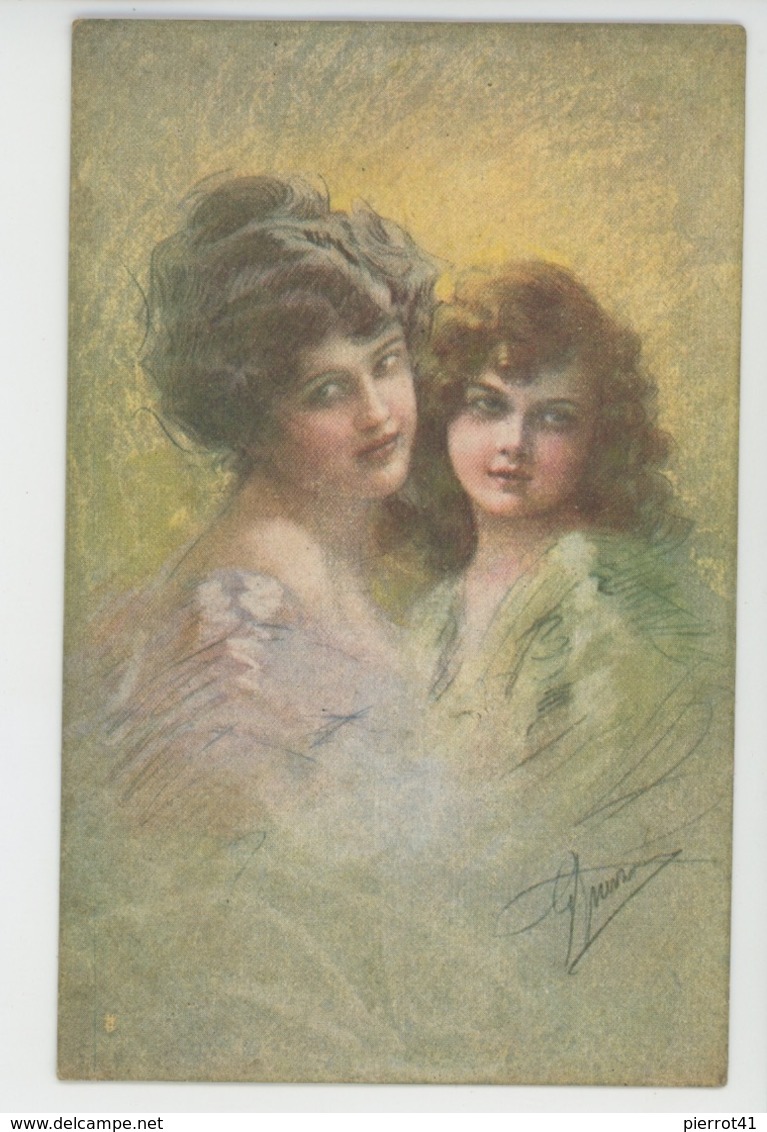 FEMMES - FRAU - LADY - Jolie Carte Fantaisie Portrait Femme Et Fillette Signée GUERINONI - Guerinoni