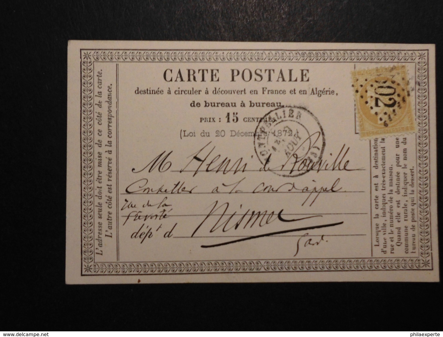 Frankreich Mi. 50 Auf Vordruckpostkarte 1872 Von Montpellier Nach Nimes Gelaufen - Other & Unclassified