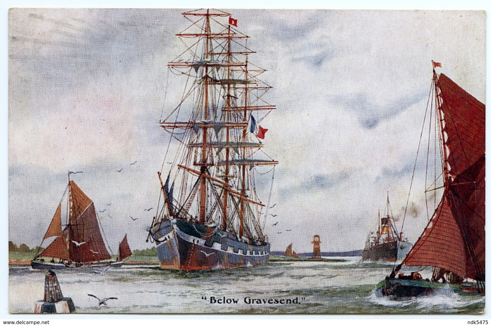 ARTIST CARD : BELOW GRAVESEND - FRENCH NAVY SAILING BOAT / ADDRESS - SWANSEA, PORT EYNON, SOWER HOUSE (WOOD) - Other & Unclassified