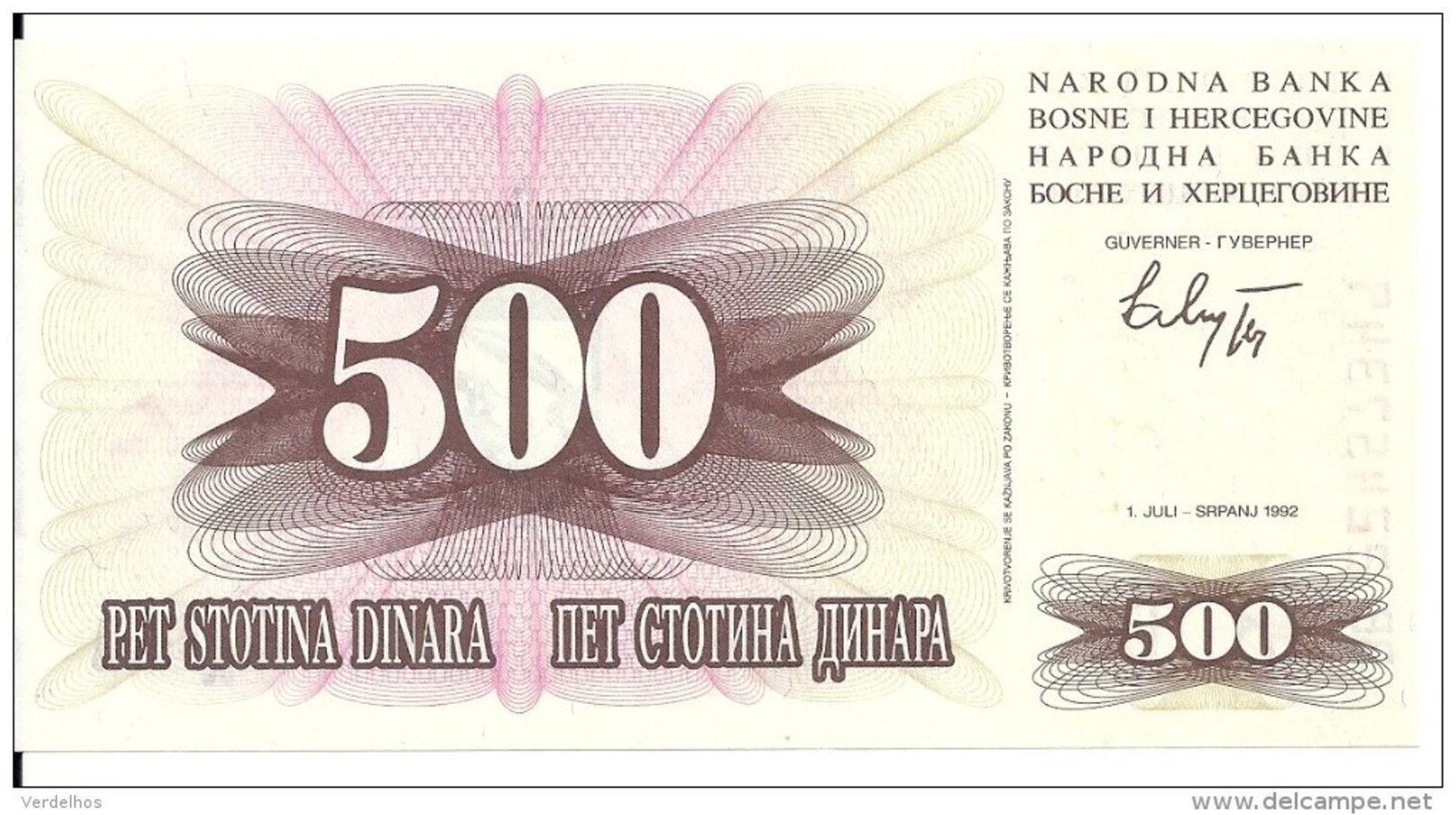 BOSNIE-HERZEGOVINE 500 DINARA 1992 UNC P 14 - Bosnië En Herzegovina