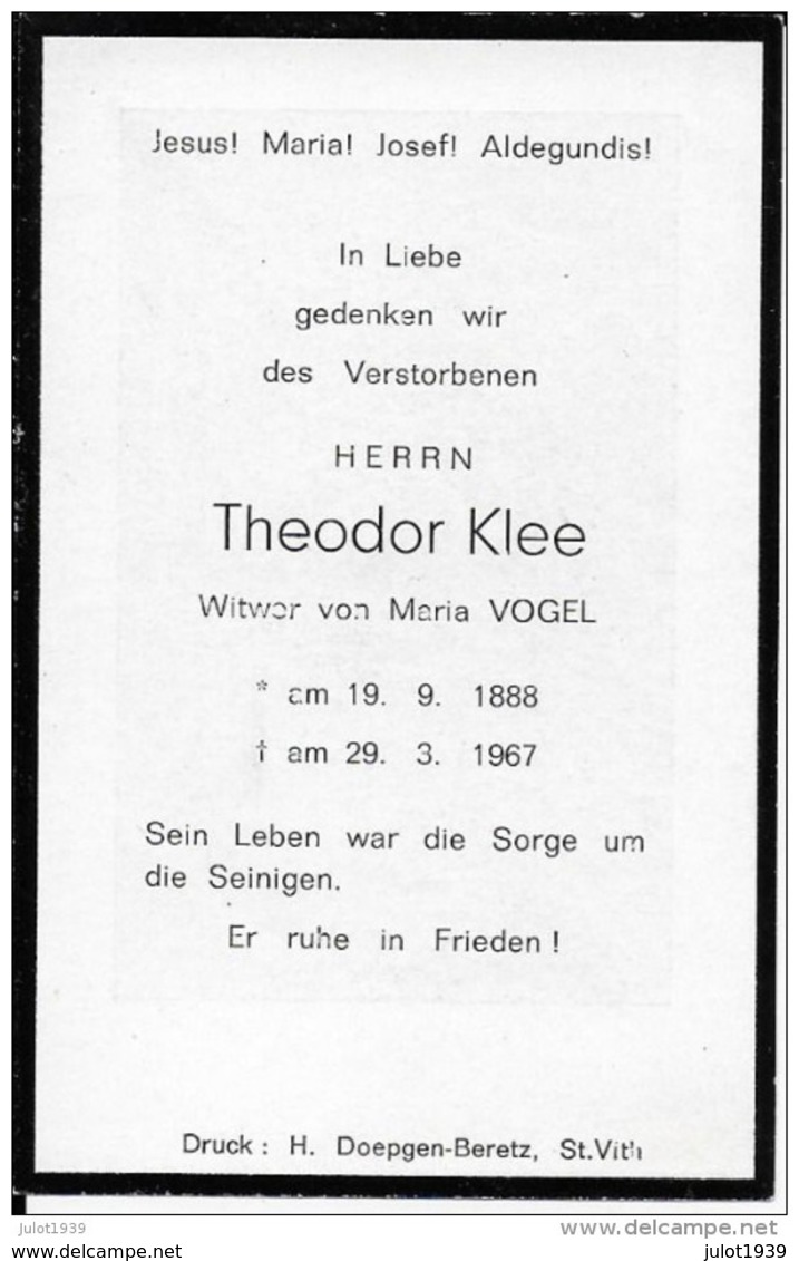 SAINT - VITH ..-- Hernn Théodor KLEE , Witwer Van Maria VOGEL , 1988 , 1967 . - Sankt Vith