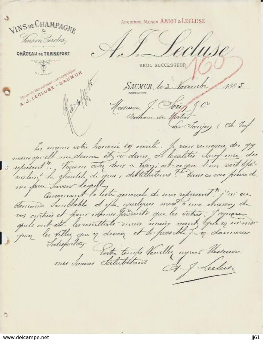 SAUMUR A F LECLUSE VINS DE CHAMPAGNE VINSEN CERDES CHATEAU DE TERREFORT ANCIENNE MAISON AMIOT LECLUSE ANNEE 1885 - Sonstige & Ohne Zuordnung