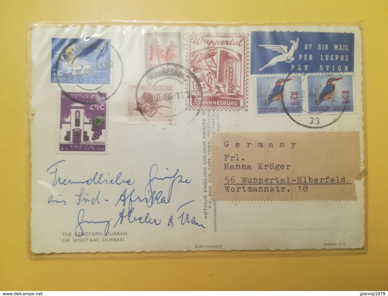 CARTOLINA POSTCARD SUD AFRICA SOUTH 1966 CENOTAPH DURBAN SIGILLATA BOLLO RARITA OBLITERE ANNULLO JOHANNESBURG AIRMAIL - Sud Africa