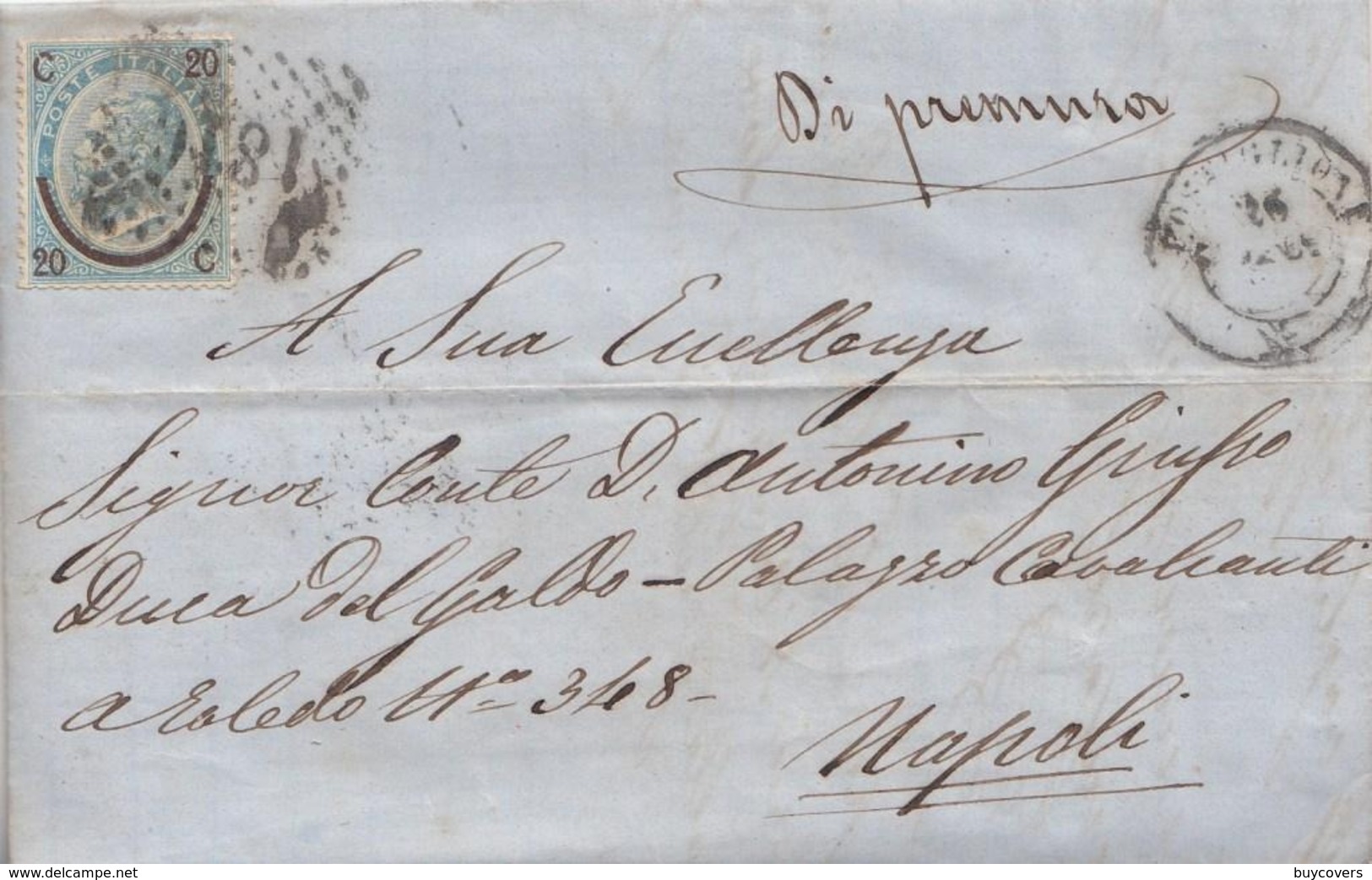 277 - Lettera Testo Del 1866 Da Postiglione A Napoli  Con Cent. 20 Su 15 (ferro Di Cavallo) - Annullo Numerale "1810"-. - Marcofilía