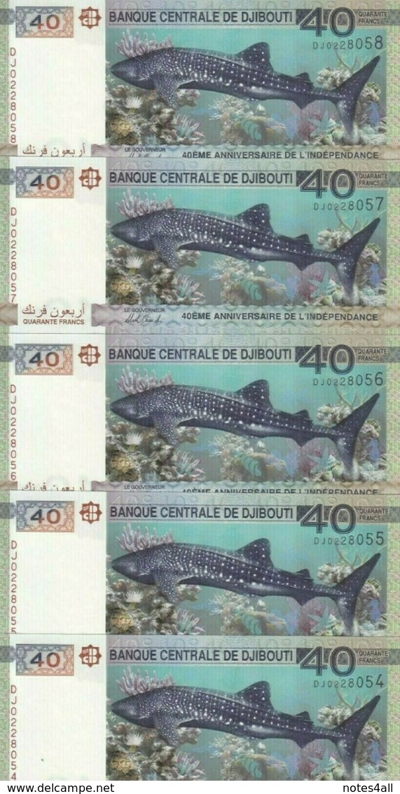 DJIBOUTI 40 FRANCS 2017 P-new 40th INDEPENDENCE COMMEMORATIVE LOT X5 UNC NOTES - Gibuti