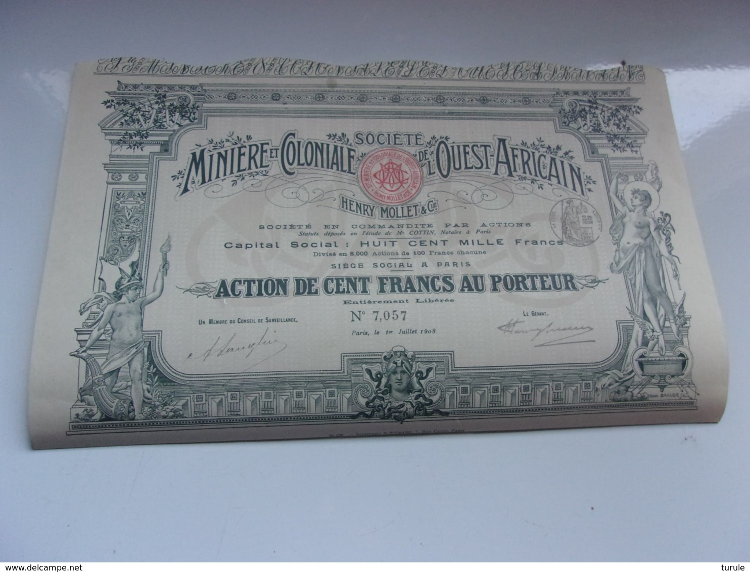 MINIERE ET COLONIALE DE L'OUEST AFRICAIN (100 Francs) 1908 (imprimerie RICHARD) - Autres & Non Classés