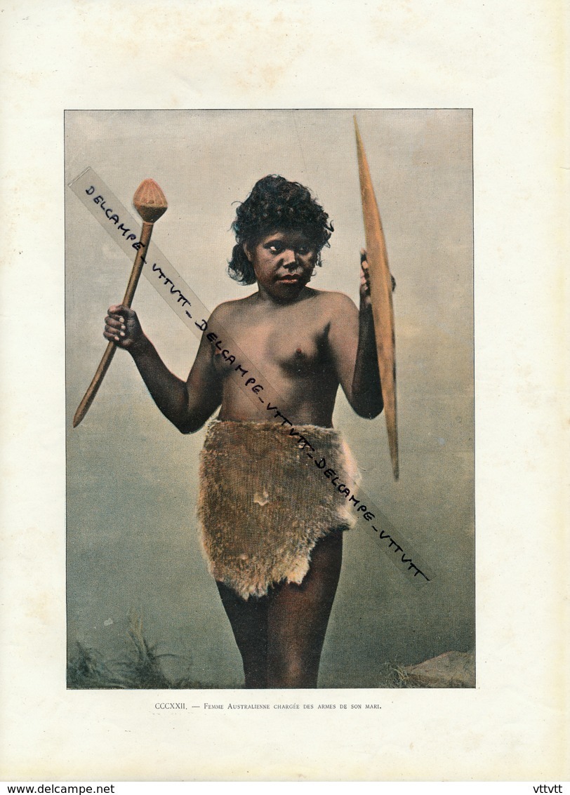 Document (1880) : Australie, Femme Chargée Des Armes De Son Mari, Nu, Photographie Aquarellée, Souvenir De Voyage - Aborigènes