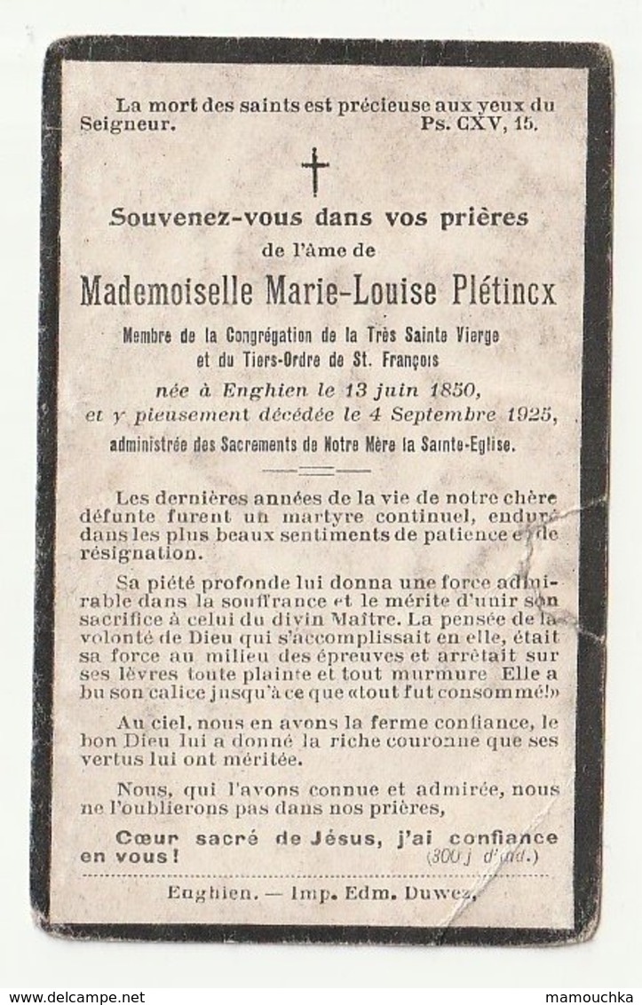 Décès Marie-Louise PLETINCX Enghien 1850 - 1925 - Devotion Images