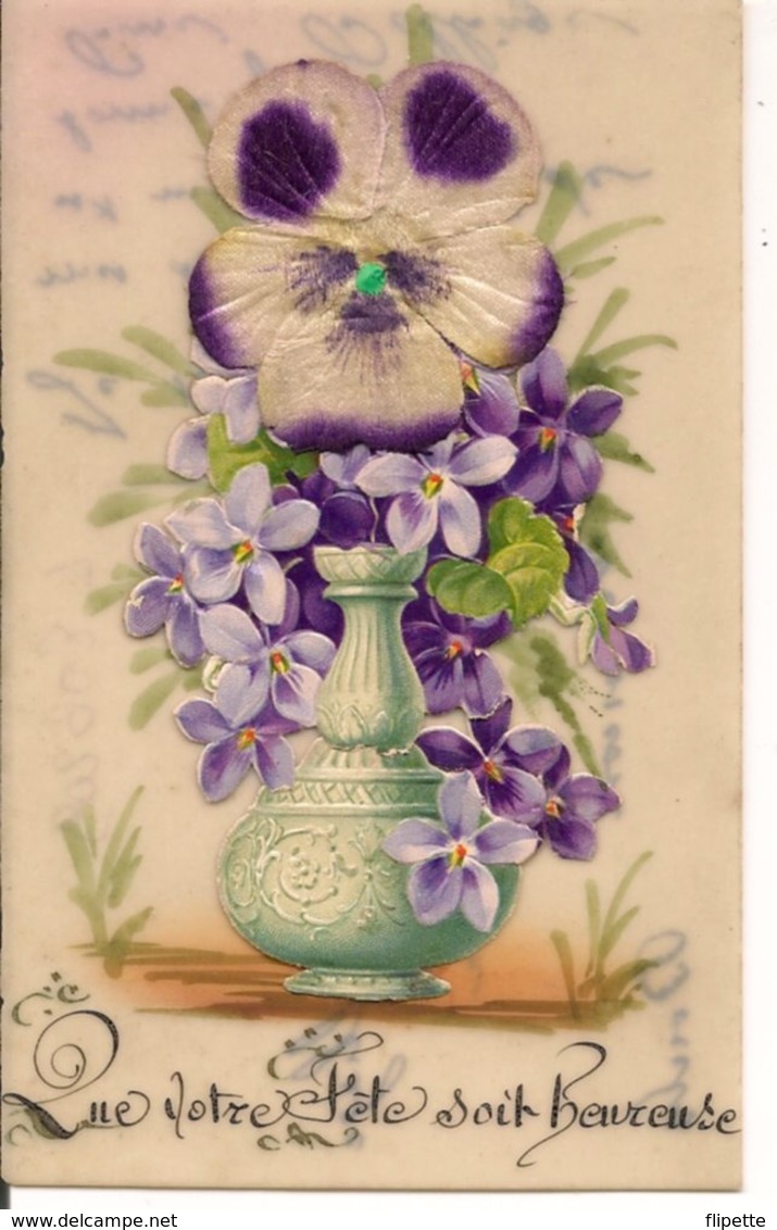 L80b209 - Heureuse Fête - Pensée Tissus, Violettes Et Vase  En Découpis Sur Carte Celluloïd - Other & Unclassified