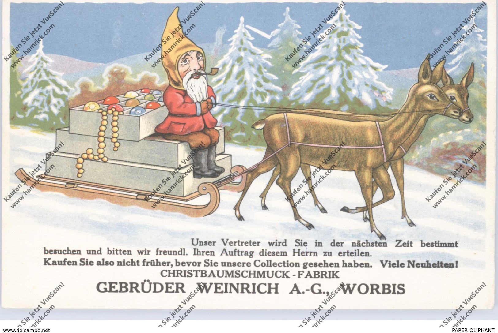 0-5620 WORBIS, Werbe-Karte Fa. Gebr. Weinrich, Weihnachtsschmuck, Zwerg Mit  Rehgespann - Worbis