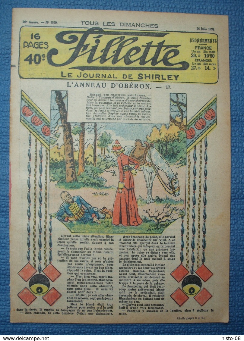 FILLETTE : 1938 : LOT De 5 Numeros : 1578 - 1579 - 1580 - 1581 - 1582  : L'ANNEAU D'OBERON    -   BLANCHE NEIGE .. - Fillette